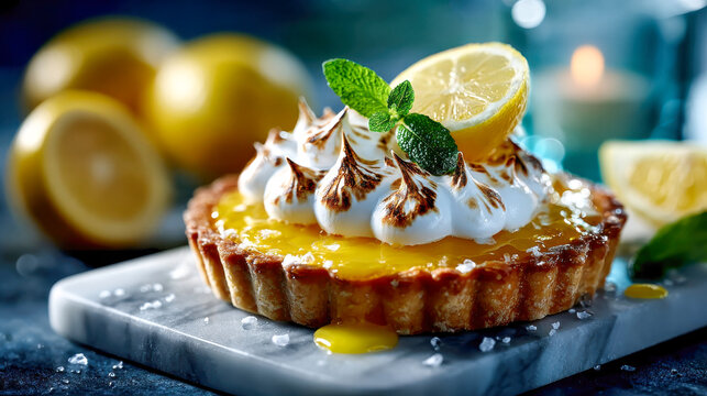 Golden lemon tart topped with toasted meringue peaks on a marble surface surrounded by fresh lemons