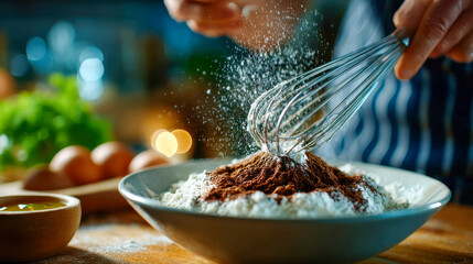 Hand whisking cocoa powder and flour in a bowl, creating a dynamic cloud of baking ingredients