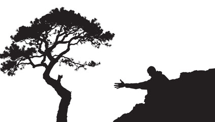 Silhouette of person reaching towards a stylized tree on a rocky outcrop