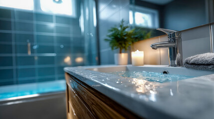 Elegant bathroom with a chrome faucet, candlelight, and contemporary design