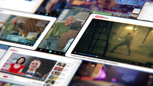 Dynamic Overlay of Multiple Video Screens Shows Fast Paced Social Media Content Like Dancing and Vlogging. Concept of Digital Immersion and Content Overload, Online Entertainment, Addiction.