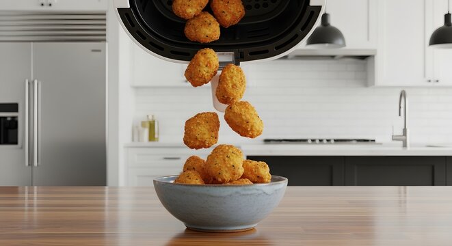 Air fryer chicken nuggets being poured into a bowl, modern kitchen setting.