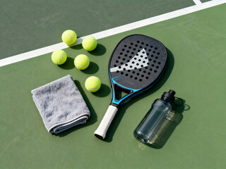 Padel Racket, Balls, Towel, and Water Bottle Laid Out on Green Court in Sunlight