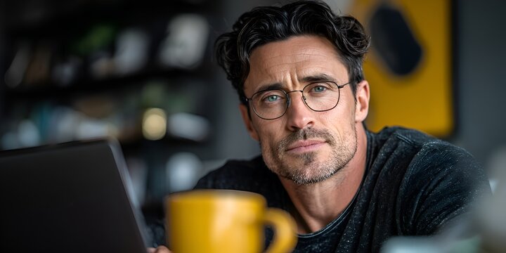 Attractive man wea glasses looks intensely at the camera while working on his laptop with a cup of coffee nearby indoors. - Powered by Adobe