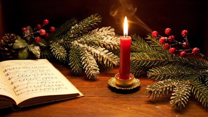 Warm holiday ambience with flickering candle illuminating sheet music, snowy pine boughs and red berries creating a festive, nostalgic Christmas moment - Powered by Adobe