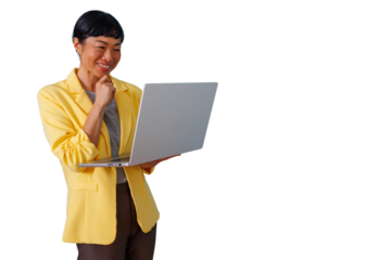 Asian senior businesswoman smiling and managing online project, using laptop for remote work, transparent background