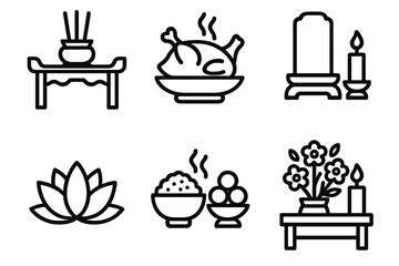 Chinese New Year Ceremony. Chinese New Year Family Ritual outline icon set: altar table, incense pot, food offering, ancestral tablet, candle flame, lotus.