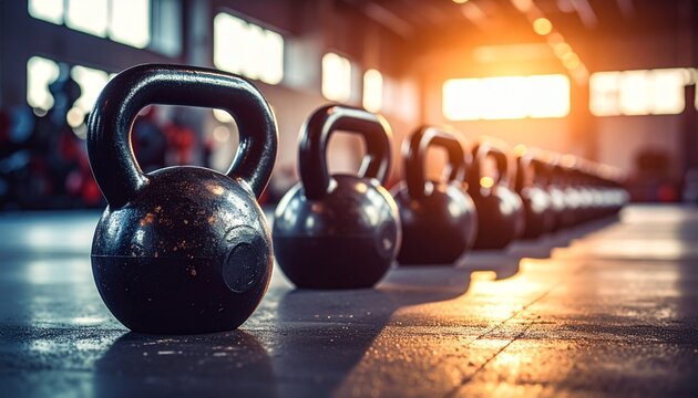 Row of heavy black kettlebells lined up on a gym floor, ready for a strength training workout session with warm sunlight in the background