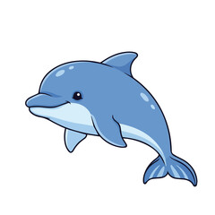 Fototapeta premium A cute baby dolphin with a small fin swimming happily, cartoon vector illustration on a white background.