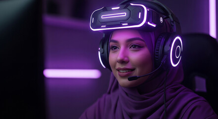 Smiling young woman wearing vr headset playing video game in dark room with purple lighting, enjoying immersive gaming experience.