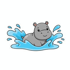 A cute baby hippo splashing in water, cartoon vector illustration on a white background.