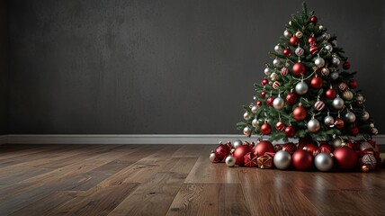 Realistic Christmas Tree with Ornaments on Hardwood Floor V4
