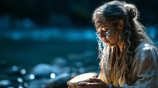Beautiful shaman woman with face painting and tambourine performing ritual near river outdoors, space for text, under soft natural light highlighting mysticism and motion, serene c