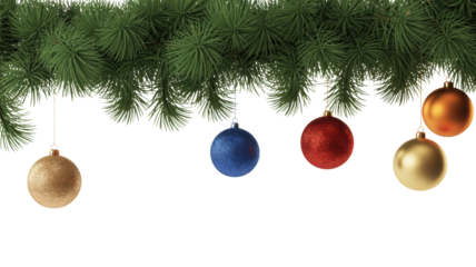 Close up of a detailed evergreen tree branch adorned with five colorful shiny christmas ornaments hanging isolated on transparent background