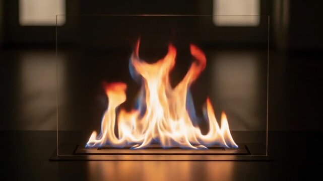 ガラスに囲まれたバイオエタノール暖炉のカラフルな炎：ループ