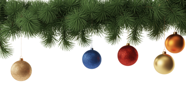 Close up of a detailed evergreen tree branch adorned with five colorful shiny christmas ornaments hanging isolated on transparent background