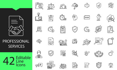 Professional services line icon set. 42 editable outline symbols for legal, finance, consulting, business advisory, and management.