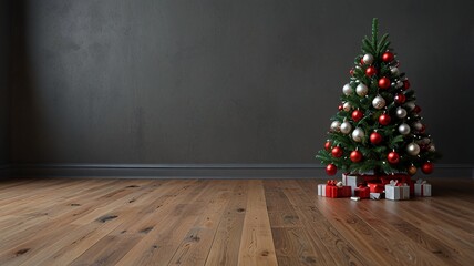 Realistic Christmas Tree with Ornaments on Hardwood Floor V6