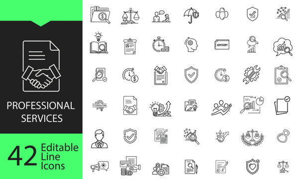 Professional services line icon set. 42 editable outline symbols for legal, finance, consulting, business advisory, and management.