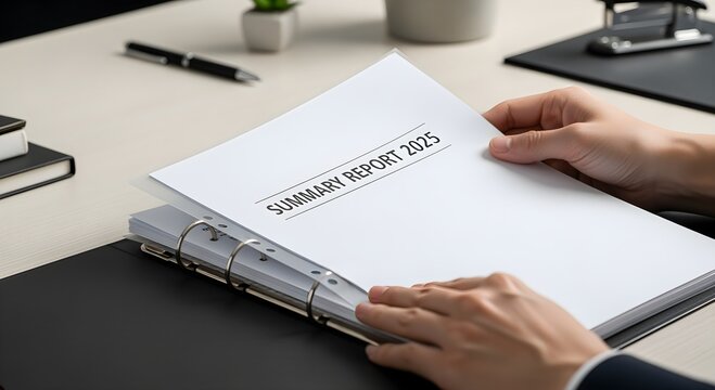 Business professional organizing and reviewing a 2025 summary report within a binder, focusing on corporate strategy and data analysis