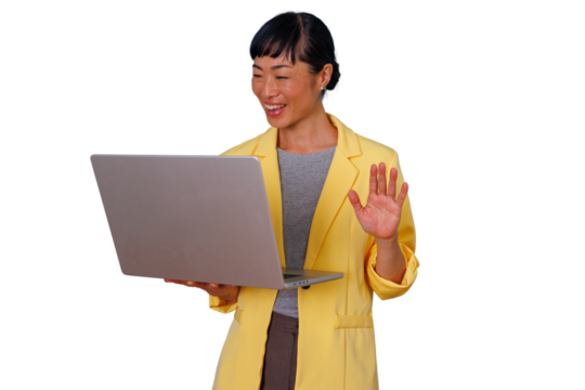 Asian businesswoman waving during video call with laptop, communicating online, remote work concept, transparent background