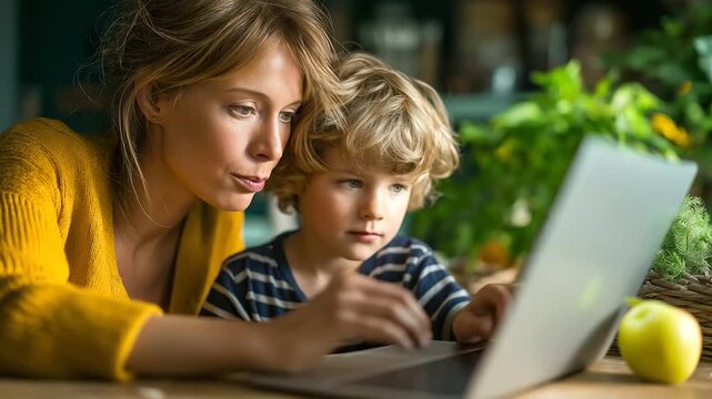 Woman typing on laptop and her smiling son with apple at wooden desk in home office, under soft natural light highlighting interaction and work, serene workplace scene, calm desk l