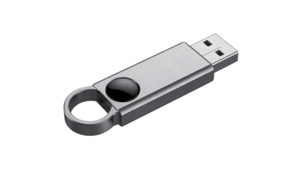 Sleek brushed metal USB drive with integrated keyring and black accent, perfect for modern data storage solutions and professional branding needs.
