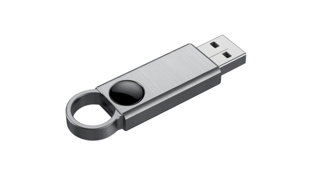 Sleek brushed metal USB drive with integrated keyring and black accent, perfect for modern data storage solutions and professional branding needs.