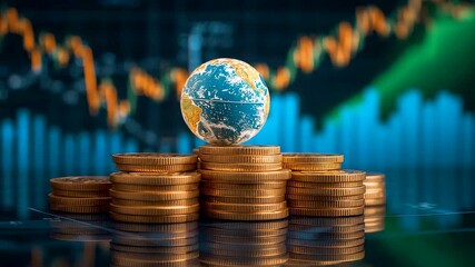 Glass globe Earth on stacked gold coins with colorful rising stock market chart in blurred background - Powered by Adobe