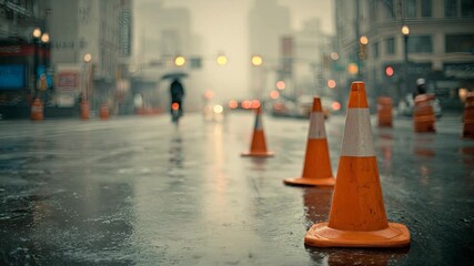Rainy Cityscape Traffic Cones Mark the Spot on a Wet Day. - Powered by Adobe