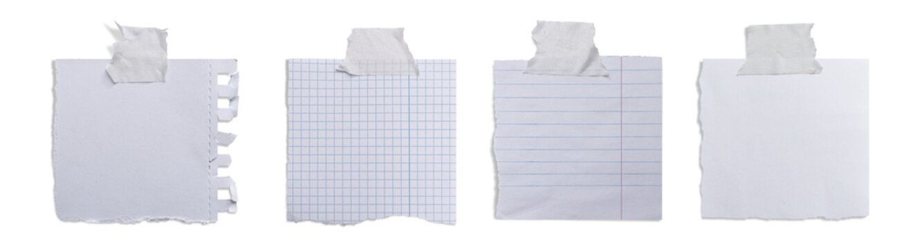 Set of blank scraps of paper from notebook or diary with tape. Office/workspace  element. Isolated on transparent background. Cut out. With a transparent shadow. PNG