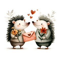 Obraz premium Two adorable hedgehogs lovingly exchange a romantic letter and beautiful flowers on Valentines Day illustration against white background.