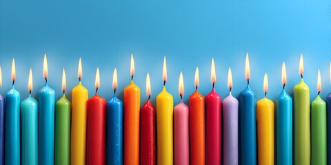 Many colorful candles are brightly lit against a plain blue background, ready for a special holiday, event, or birthday celebration.