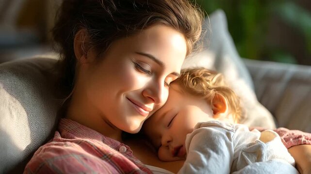 Happy mother and her cute baby resting on sofa at home, space for text, under soft natural light highlighting joy and bonding, serene family scene, calm sofa lighting, with copy sp