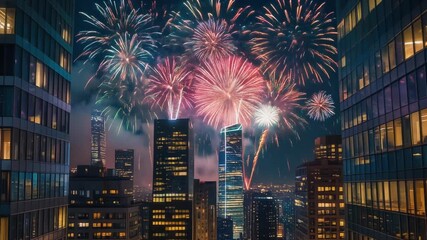 City Lights Fireworks Over Urban Skyline at Night
