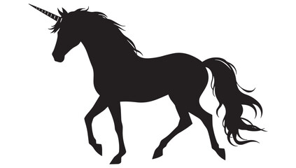 Majestic black silhouette of a powerful unicorn galloping with flowing mane and tail, symbolizing fantasy and magic.