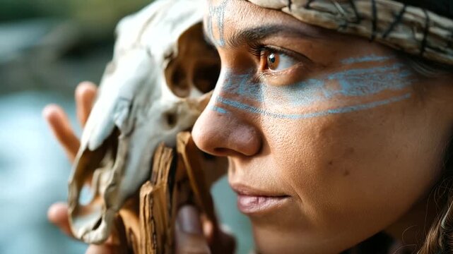 Beautiful shaman woman with face painting, skull and palo santo sticks performing ritual near river outdoors, space for text, under soft natural light highlighting mysticism and na