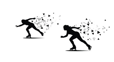 Fototapeta premium Two speed skaters in silhouette, their forms dissolving into abstract geometric shapes, conveying motion and energy.