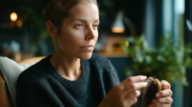 Alopecia problem, sad woman taking her lost hair from brush on chair at home, under soft natural light highlighting emotion and concern, serene home scene, calm indoor lighting, wi