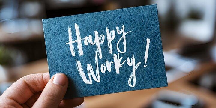 A hand holds a dark blue card with the handwritten text "Happy Worky!" in white script on a blurred background showing motivation today! - Powered by Adobe