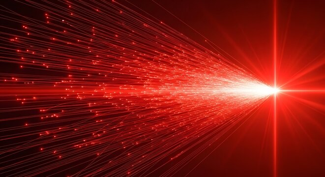 Abstract visualization of red digital data streams flowing into a bright light source, representing technology and information transfer