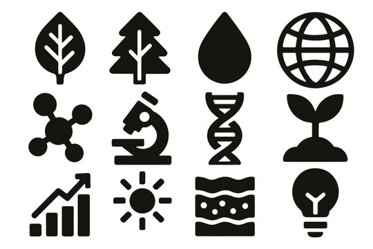 Ecology Icons Set. Scientific Ecology silhouette icons set: leaf, tree, water droplet, globe, molecular model, microscope, DNA helix, plant, graph chart, sun, soil layers, light.