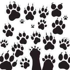 Dynamic black animal paw prints scattered across a clean white background, showcasing wild nature and adventure for diverse commercial uses.
