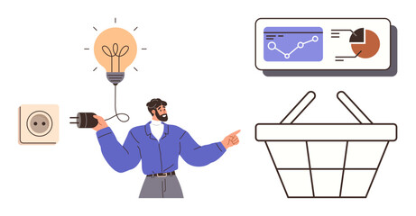 Man holding plug near outlet with glowing light bulb overhead, graph and pie chart on digital board, empty basket. Ideal for innovation, energy, analytics, business strategy, problem-solving