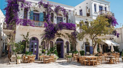White building facade draped in purple flowers, cafe tables outside