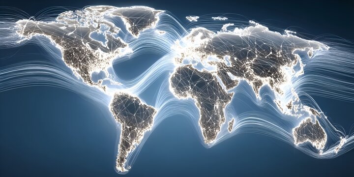 A luminous world map with flowing lines represents global connections in technology, communication, and international business development.