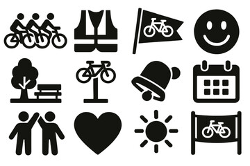 Community Cycling Icons. Community cycling culture silhouette icons set: group riders, safety vest, event flag, smile icon, local park, repair stand, bell, calendar, volunteers.