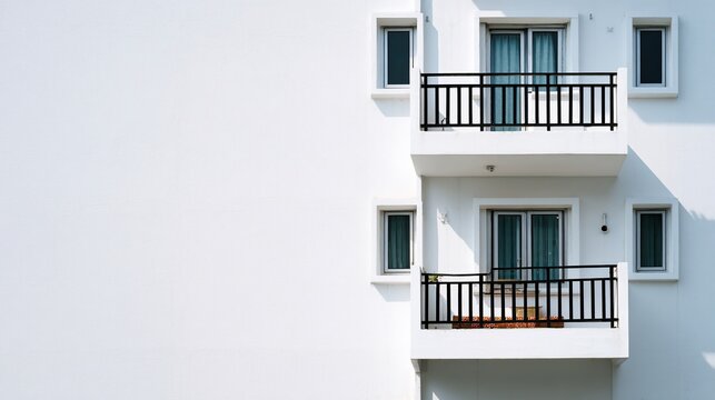 White building facade with balconies and windows, simple architecture