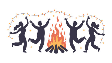 Bonfire Celebration: a Silhouette of people celebrates around a cozy campfire, illuminated by the warm glow of flames and string lights, exuding an atmosphere of camaraderie and enjoyment.