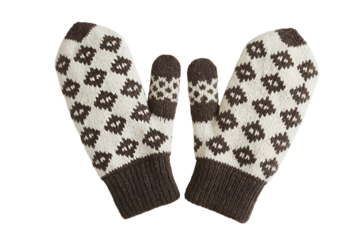 Pair of hand knitted wool mittens with diamond pattern isolated on transparent background